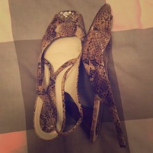 Neutral Snakeskin Slingback Pumps—Peep Toes